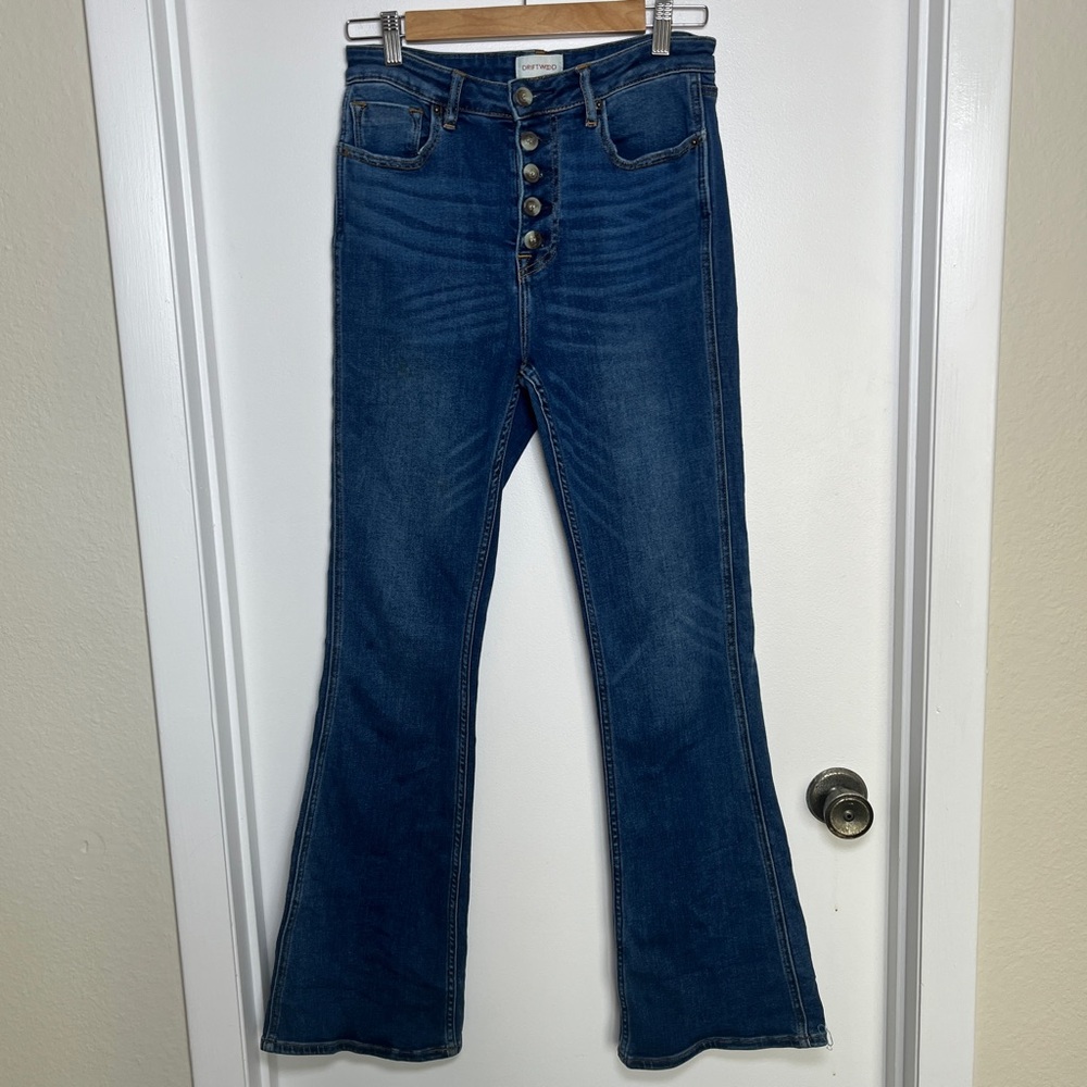 DRIFTWOOD Vintage-Inspired Dark Blue Button-Fly Flare Jeans,‎ Festival, Size 28